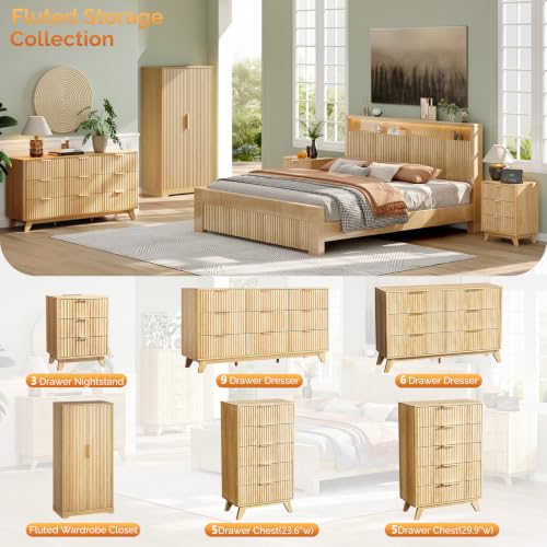 Fluted Wood Armoire Wardrobe with Doors, 2-Shelf Hanging Closet