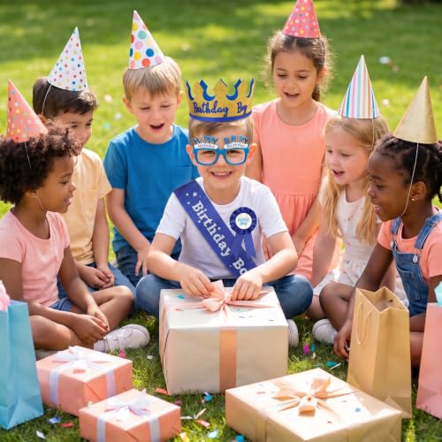 Blue Crown Set for Birthday Celebration - King Crown Hat with Sash & Badge