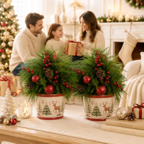 Artificial Christmas Topiary Ball Trees 23 Inch Set of 2 with Red Ornament - Outdoor Decor