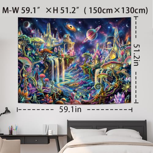 Blacklight Galaxy Space Tapestry UV Mushroom Planet Wall Hanging - Alien, 59.1" x 51.2"