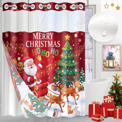 No Hook Christmas Santa Shower Curtain with Snap-in Liner 71x74 Inches - Holiday Bathroom Decor