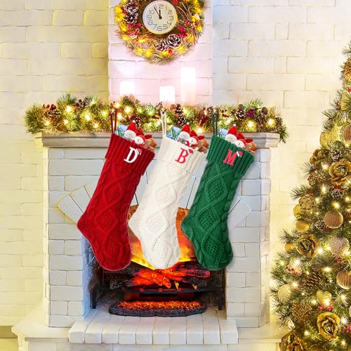 Christmas Stockings with Initials - 18 Inch Knit Monogram Letter Xmas Stocking - White / Letter A
