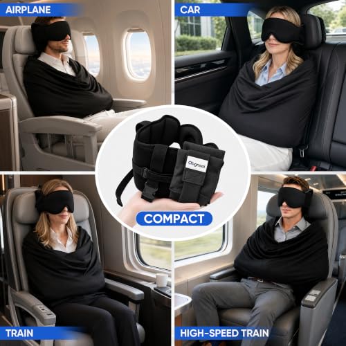 Travel Pillow with Eye Mask and Neck Support - M Size, Black, 3-in-1 Sleep Set
