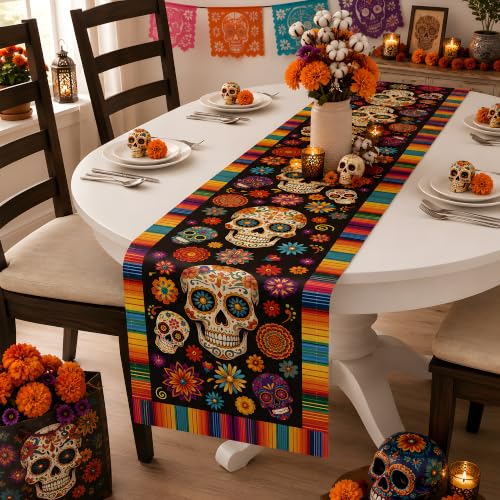 Dia De Los Muertos Decorations - Sugar Skull Day of the Dead Table Runner - Vibrant Mexican Celebration