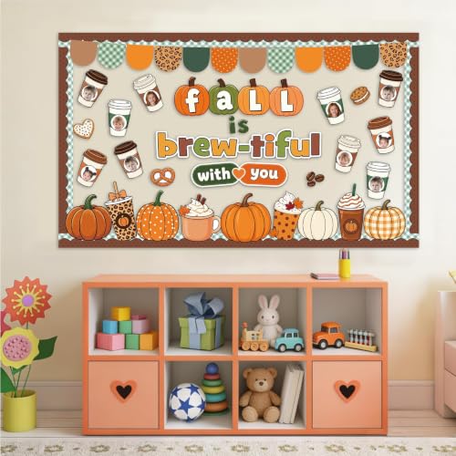 Fall Bulletin Board Decor Set with Coffee Cup & Autumn Cutouts for Classroom
