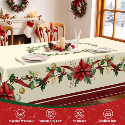 Christmas Poinsettia Rectangular Tablecloth 60x84 Inch Waterproof & Wrinkle-Resistant