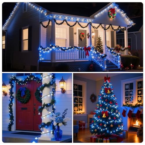 Blue White 105ft LED Christmas String Lights, 300 Bulbs, Indoor Outdoor