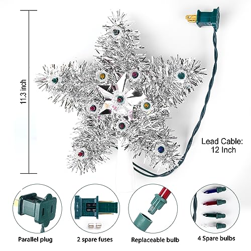 Multicolor Christmas Tree Star Topper with Lights - Tinsel Wreath Plug-in 3D Star