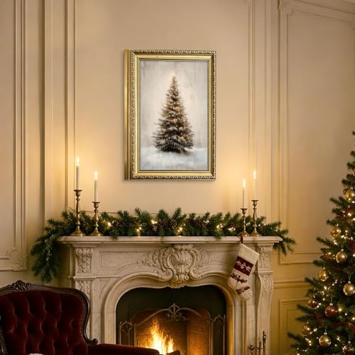 Christmas Tree Wall Art in Snow Frame - Rustic Pine Canvas Decor 16x24