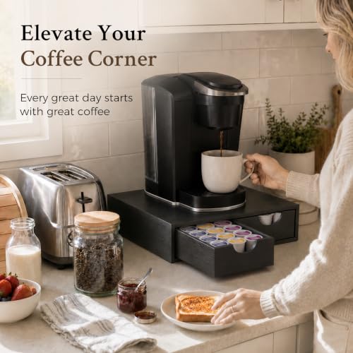Wooden K Cup Holder with 36 Pod Capacity - Black Coffee Organizer Drawer