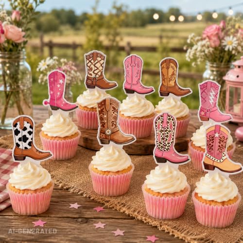 48Pcs Cowboy Boot Cupcake Toppers Western Party Decorations