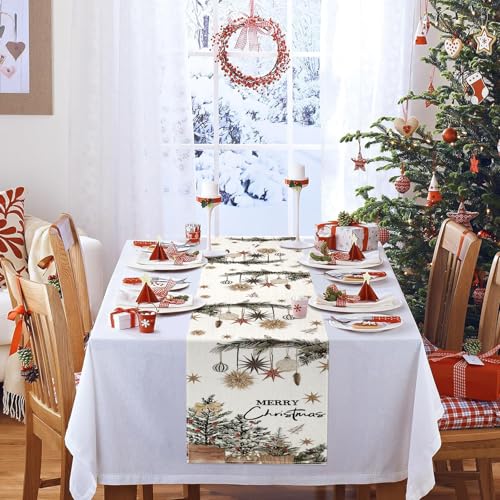 Beige Christmas Table Runner 13x72 Inches Holly Pine Cone Holiday Decor