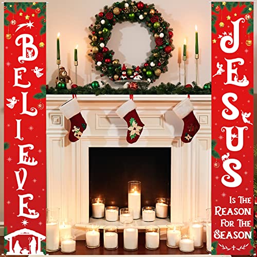 Religious Christmas Porch Banner - Nativity Scene Believe Jesus Tree