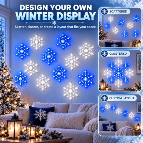 LED Snowflake Wall Decor Set with Remote Control - White, 12 Pieces - Christmas Holiday Lighting