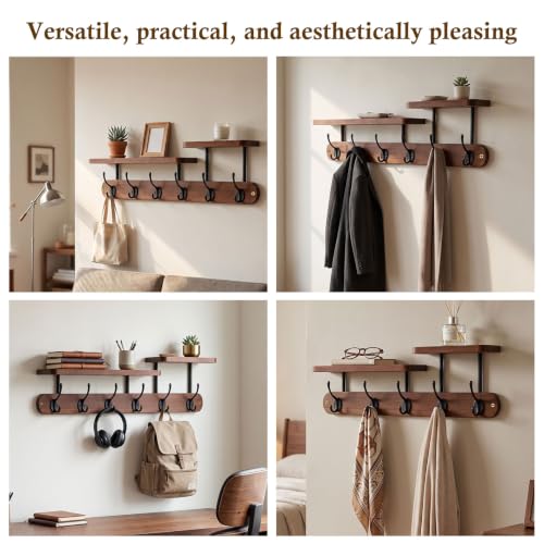 Dark Wood Wall Mount Coat Rack with 2-Tier Shelves and 6 Dual Hooks