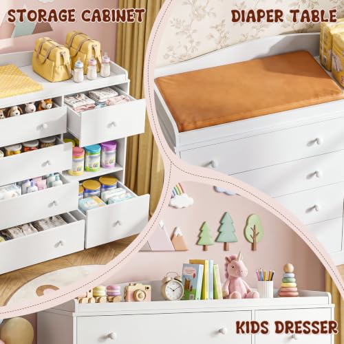 Kids Dresser Cabinet with Changing Table - White Child Bedroom Storage Furniture