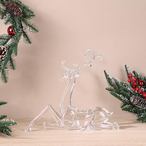 White Sitting Acrylic Reindeer Figurine for Christmas Decor - 11.4"