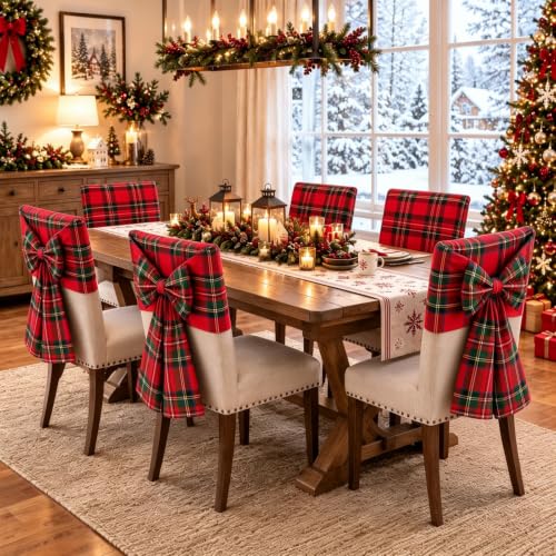 Christmas Bow Chair Back Covers - Red & Green Plaid Linen Holiday Seat Slipcovers with Adjustable Bows - Set of 4