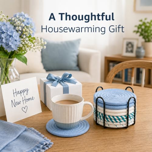 Blue Boho Cotton Woven Drink Coasters Set of 8 with Holder