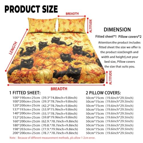 Fall Pumpkin Black Cat Fitted Sheet Set with Deep Pockets - Super Queen