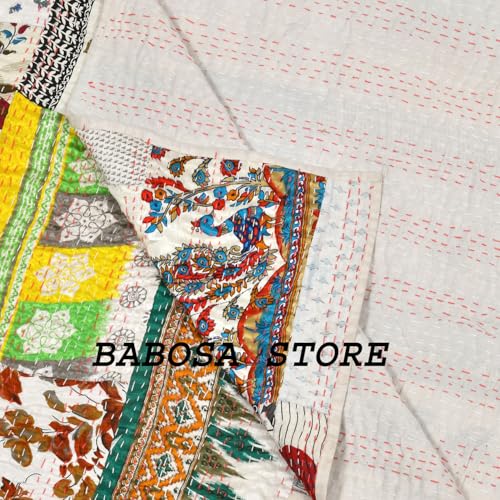 White Super King 108x108 Inch Handmade Patchwork Kantha Quilt Bedcover