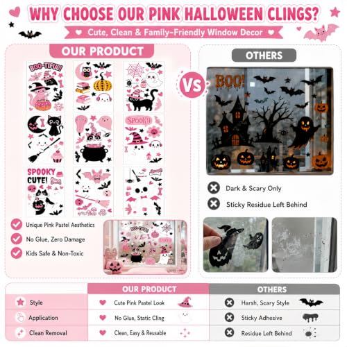 Pink Halloween Window Clings Set - 115 Reusable Spooky Decals for Glass
