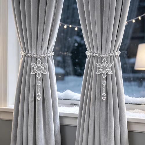 Long Snowflake Beaded Magnetic Curtain Tiebacks - Clear Crystal & Steel Wire - Style 5 (2 Pack)