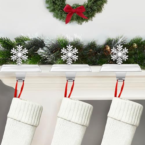 Silver Metal Christmas Stocking Holders Set of 4 - Heavy Duty Snowflake Mantle Decor