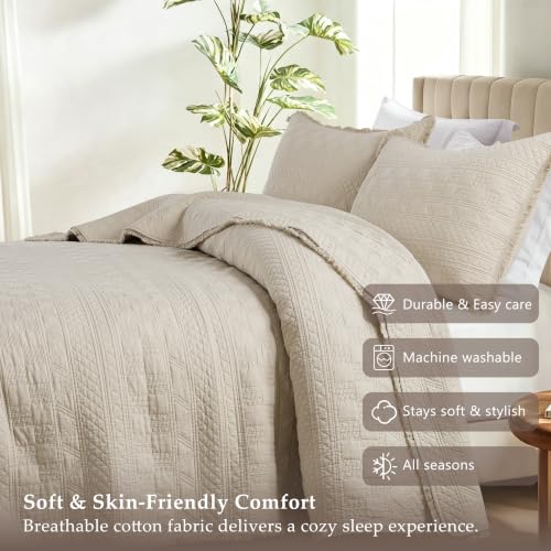 WDCOZY 100% Cotton Queen Size Quilt Set with Boho Fringe Geometric Stitch Beige - Queen (90x96)