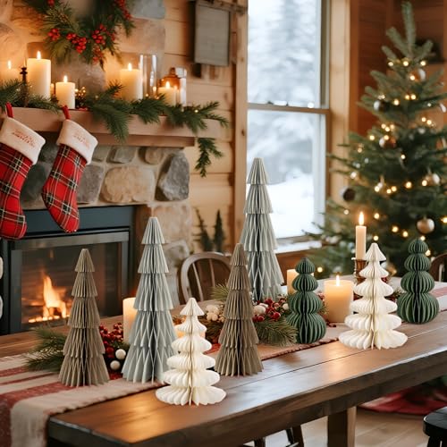 Christmas Honeycomb Tree Decorations Brown Green - 8 Pcs Magnetic Paper Centerpieces