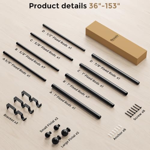 Heavy Duty Black Double Curtain Rod 36-153 Inch - 1 Inch Dual Rods, Adjustable Seamless Support