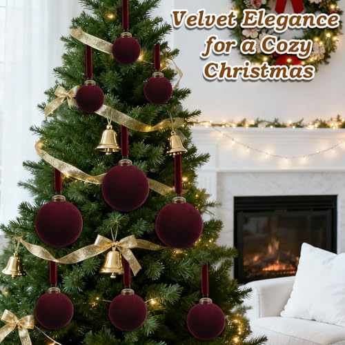 Burgundy Velvet Christmas Ornaments - Set of 12 Flocked Holiday Decor