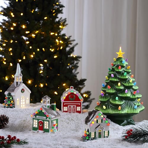 Mr. Christmas 5 Inch Ceramic Village Barn LED Holiday Decoration - Variation Barn