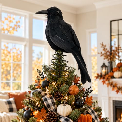 Halloween Crow Tree Topper - 9 Inch Black Raven Decoration for Tall Trees