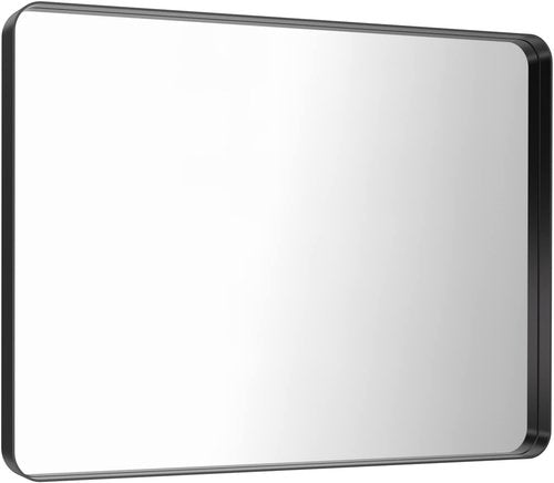LOAAO Black Metal Framed Bathroom Mirror - 40x32 Inch Rounded Rectangle Design, Anti-Rust Tempered Glass