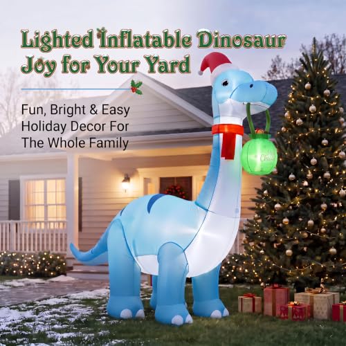 12FT Blue Dinosaur Christmas Inflatable Decoration with Hat & Gift Sack - Kendane