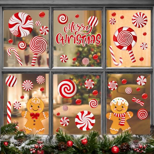 Christmas Window Clings - Reusable Double-Sided Gingerbread Man & Candy Decor - 73Pcs for Holiday Home & Party