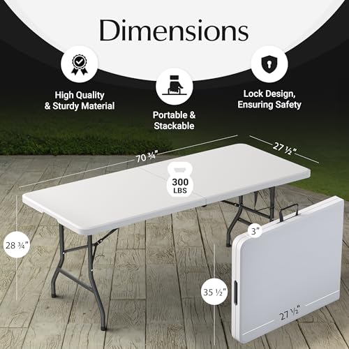 6 Feet Foldable Table with Built in Handle & Steel Legs | Heavy Duty Portable | Perfect for Party, Dining, Wedding, Events, Picnic Indoor, Outdoor, Camping, Utility, Temporary (White, 71")