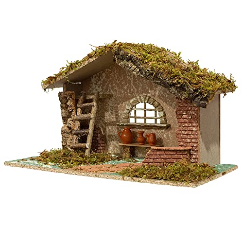 Nativity Creche Stable with Moss Roof and Floor - Handmade in Italy, 11 Inches Tall