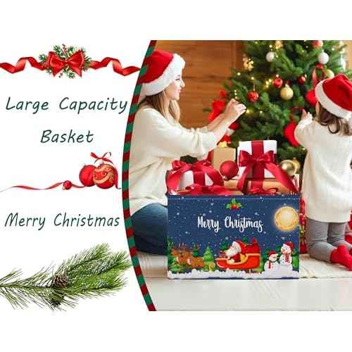 Large Christmas Gifts Empty Baskets Kids Collapsible Holiday Storage Bin with Handle (Deer Santa Claus)