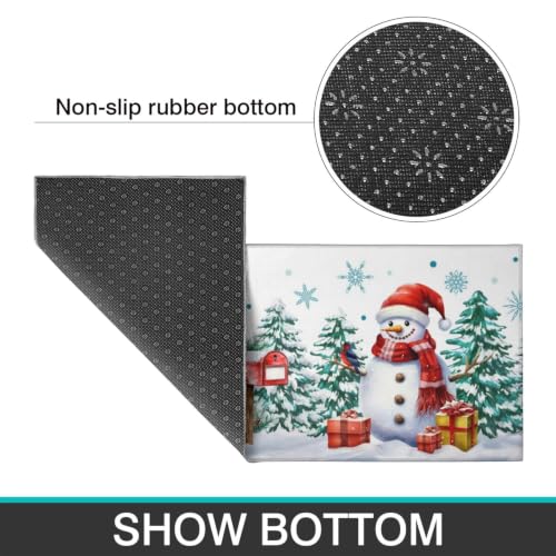 White Green Christmas Kitchen Rugs Set 17x47 & 17x30 Inches Snowman Tree Decor