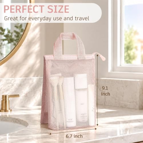 Pink Mesh Shower Bag with Zipper and 3 Pockets - Small Portable Shower Caddy