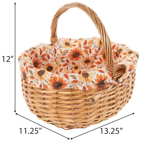 Fall Leaves and Flowers Willow Basket with Handle - Autumn Decor