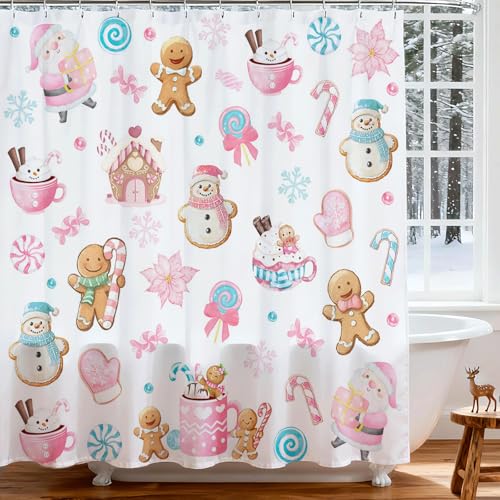 Christmas Shower Curtain 72x72 Inches Snowman Gingerbread Kids Waterproof Fabric Holiday Decor