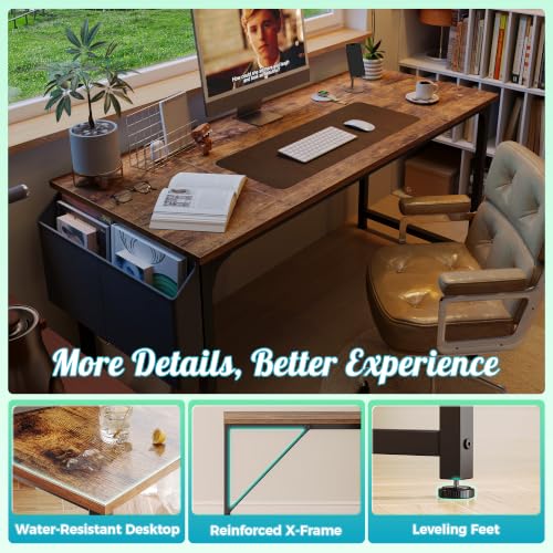 PRAISUN 55-Inch Computer Desk with Fabric Storage Bag - Rustic Brown