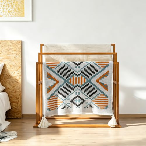 Large Teak Standing Towel Rack - Freestanding Bathroom Drying Organizer