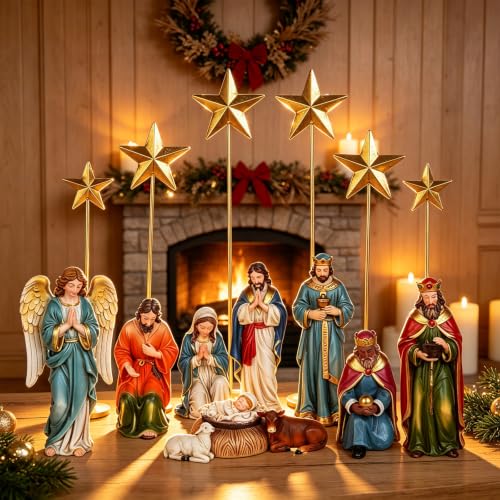Colorful 14-Piece Nativity Scene Set with Metal Stars - Religious Christmas Decor