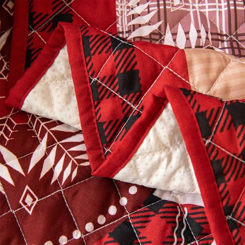 Christmas Sofa Cover for Recliner - Red Patchwork Slipcover with Elastic Straps
