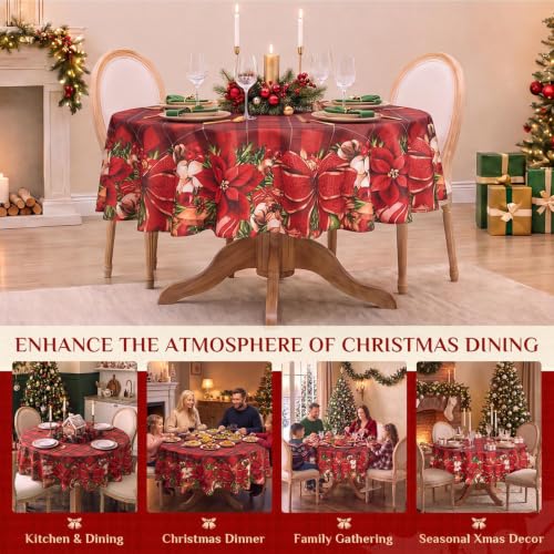 Softalker Christmas Plaid Round Tablecloth 70 Inch - Red Checkered, Flower Variation