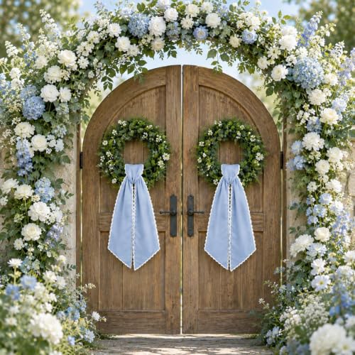 2-Piece Dusty Blue Wreath Sash with Scalloped Trim for Front Door Decor